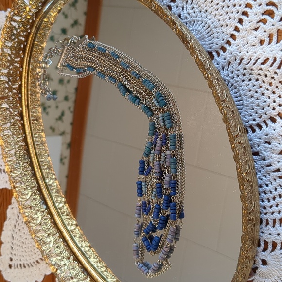 Graduated Layer 17 Inch Necklace With Blue Beads on Silver Tone Chains - Picture 9 of 9